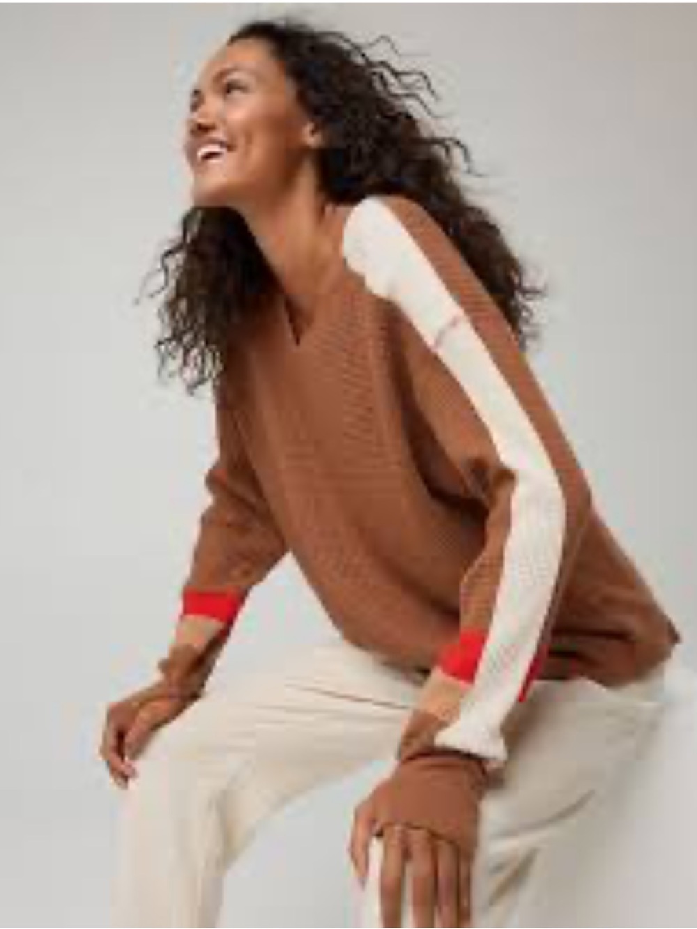 aerie Brown V-Neck Colorblock Waffle Notch Sweater with Cream & Red Accents